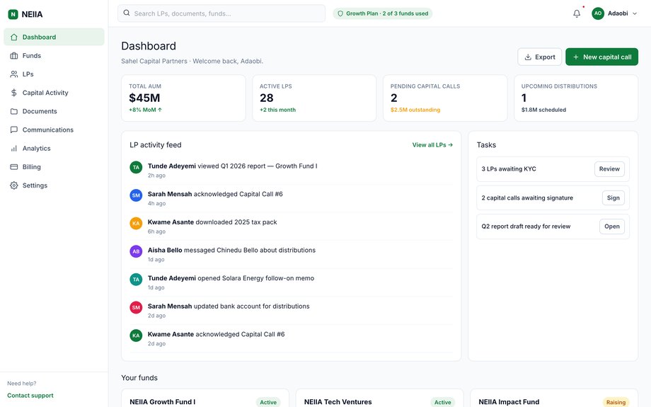 GP dashboard — AUM, active LPs, pending capital calls, recent LP activity feed.